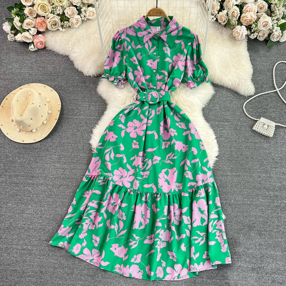 Retro Bubble Sve  Collar Slim Fit Midi Dr Floral Print ort Sve Women's Korean Sle Commute High Waist irt D...