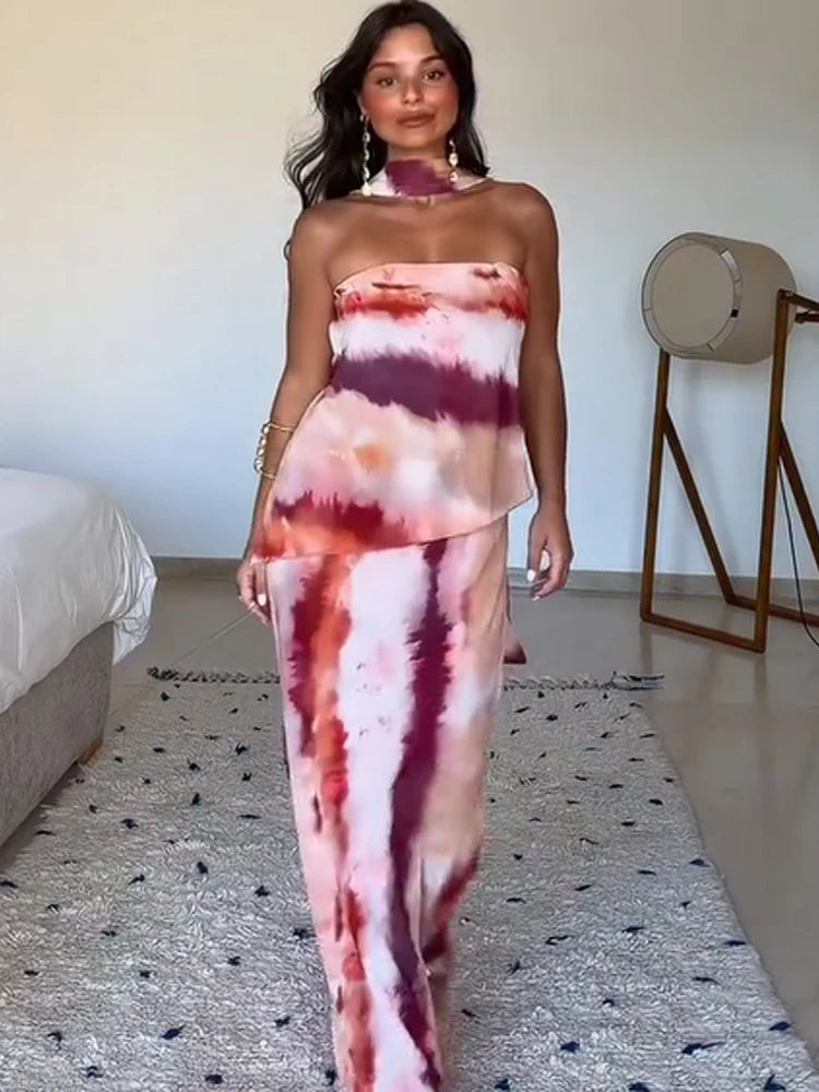 Women's Color-Block Scarf Collar High-Slit Sling Maxi Dress