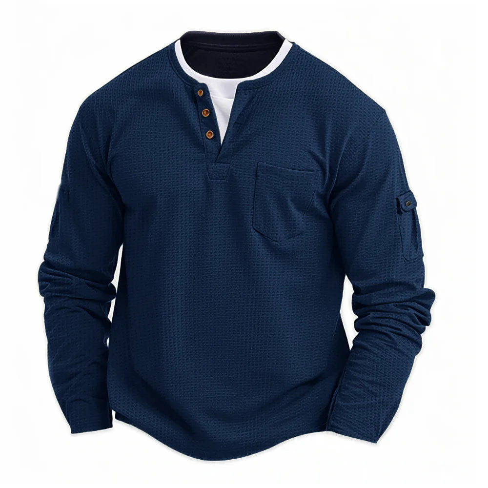 Men's Waffle-Knit Fake Two-Piece Long-Sleeve Henley T-Shirt