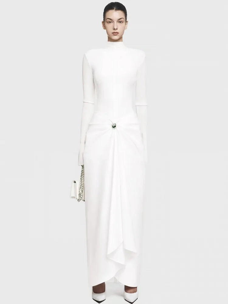 Women's Stand-Collar Metal Buckle Pleated Asymmetrical Evening Maxi Dress