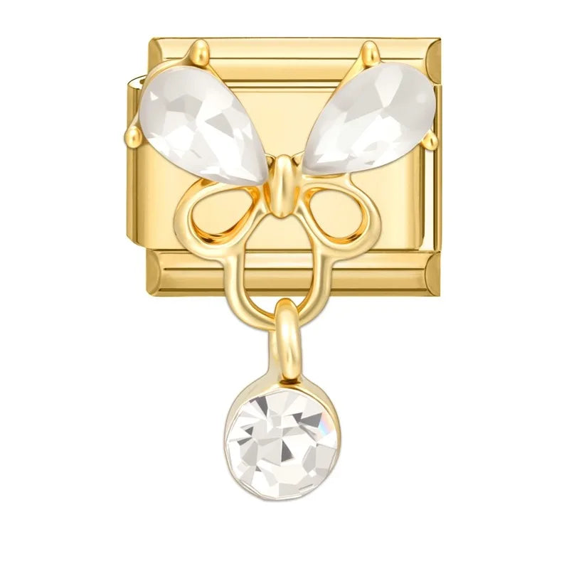 Zircon Heart Bow Butterfly Flowers Gold Color Italian Charm Links Fit 9MM Stainless Steel Bracelet Women Men DIY Making Jewelry