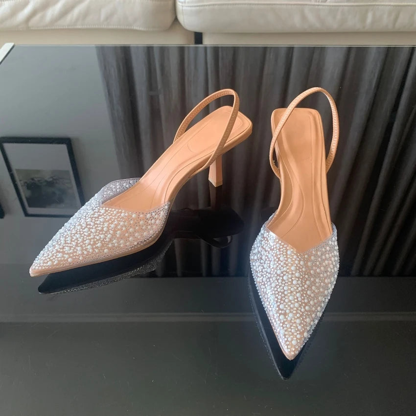 Women's Elegant Pearl-Decorated Slingback High Heel Pumps