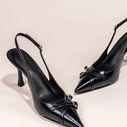 Women's Summer Pointed-Toe Black Stiletto Heels with Decorative Buckle