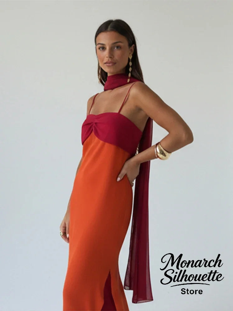 Women's Color-Block Scarf Collar High-Slit Sling Maxi Dress