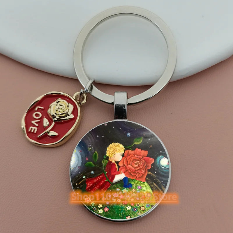 Little Prince Round Glass & Enamel Rose Keychain | DIY Handcrafted Car Keyring & Bag Charm
