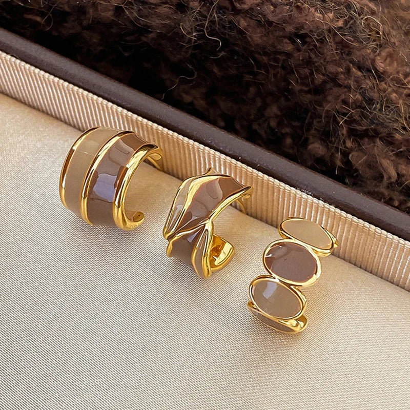 Vintage Brown Resin & Gold-Tone Drip Glaze Geometric Stud Earrings