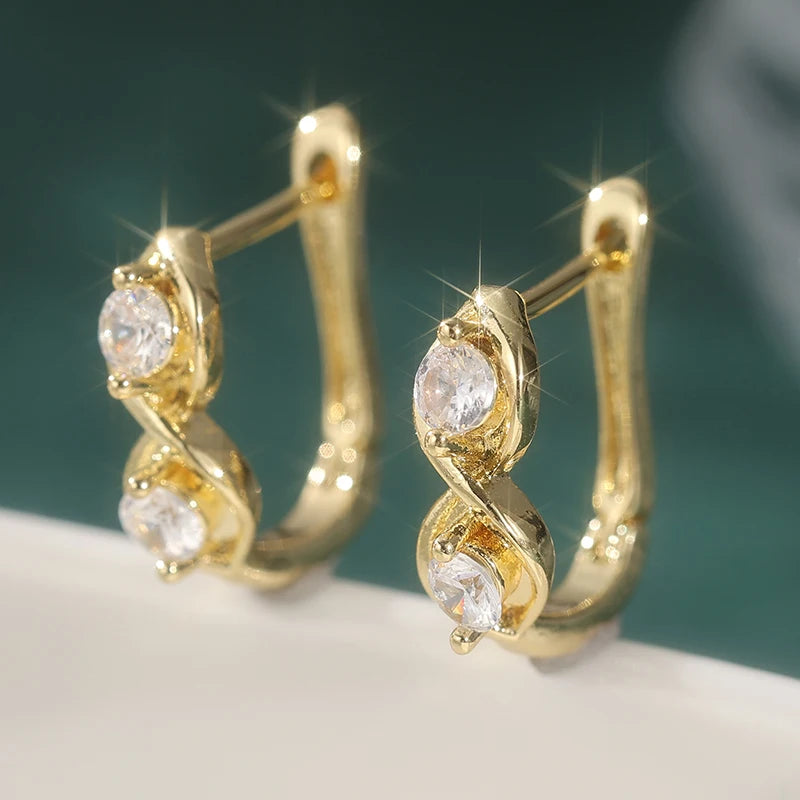 Dazzling Gold Color White CZ Hoops Women's Earrings Metal Hand Carving Geometry Party Daily Wear