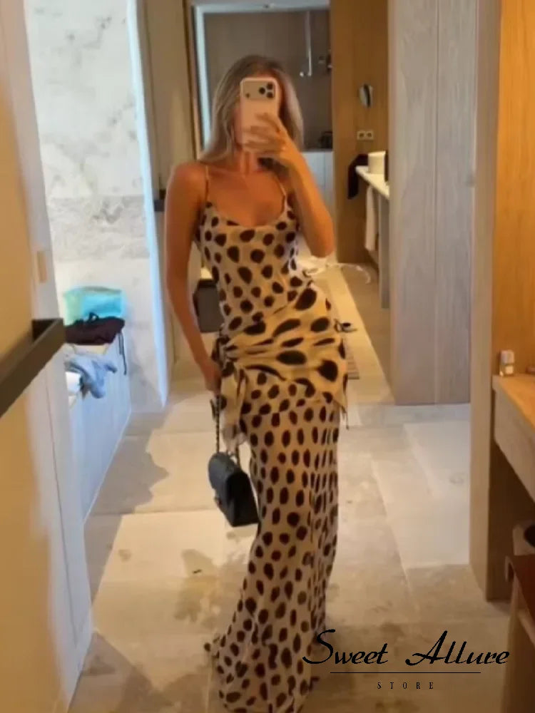 Women's Animal Print V-Neck Ruched Drawstring Slip Maxi Dress