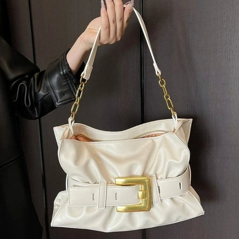 Women's Vintage Soft PU Leather Cloud Pleats Tote Bag with Metal Belt Buckle