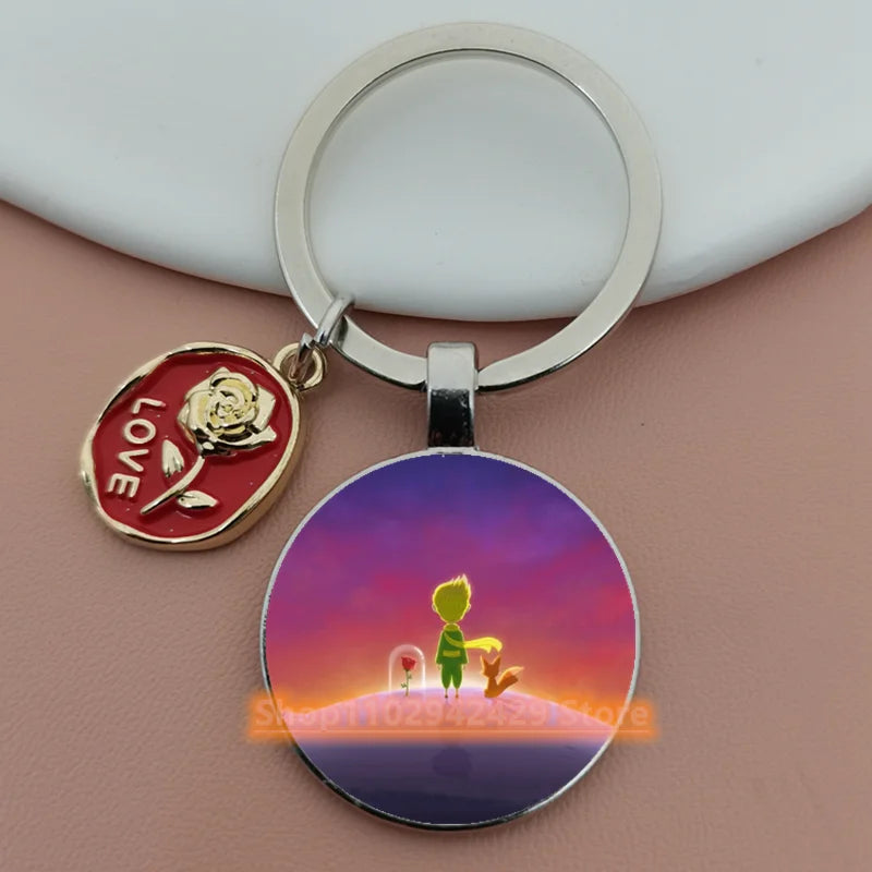 Little Prince Round Glass & Enamel Rose Keychain | DIY Handcrafted Car Keyring & Bag Charm