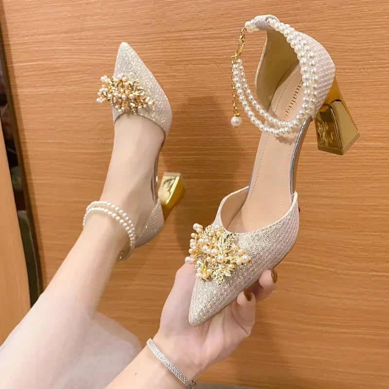 Women's Pointed Toe Metal Beaded High Heel Wedding & Banquet Pumps