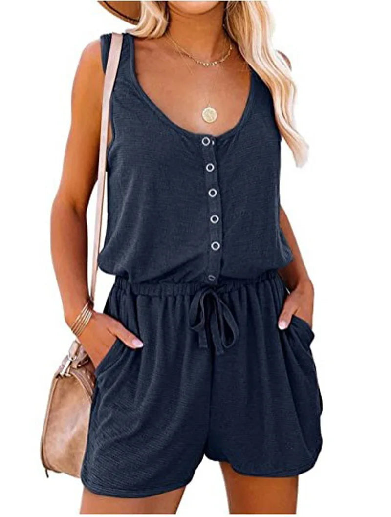 European and American Women's Summer Cross-Border New Sleeveless Jumpsuit Waist Casual Loose Wide Leg Shorts