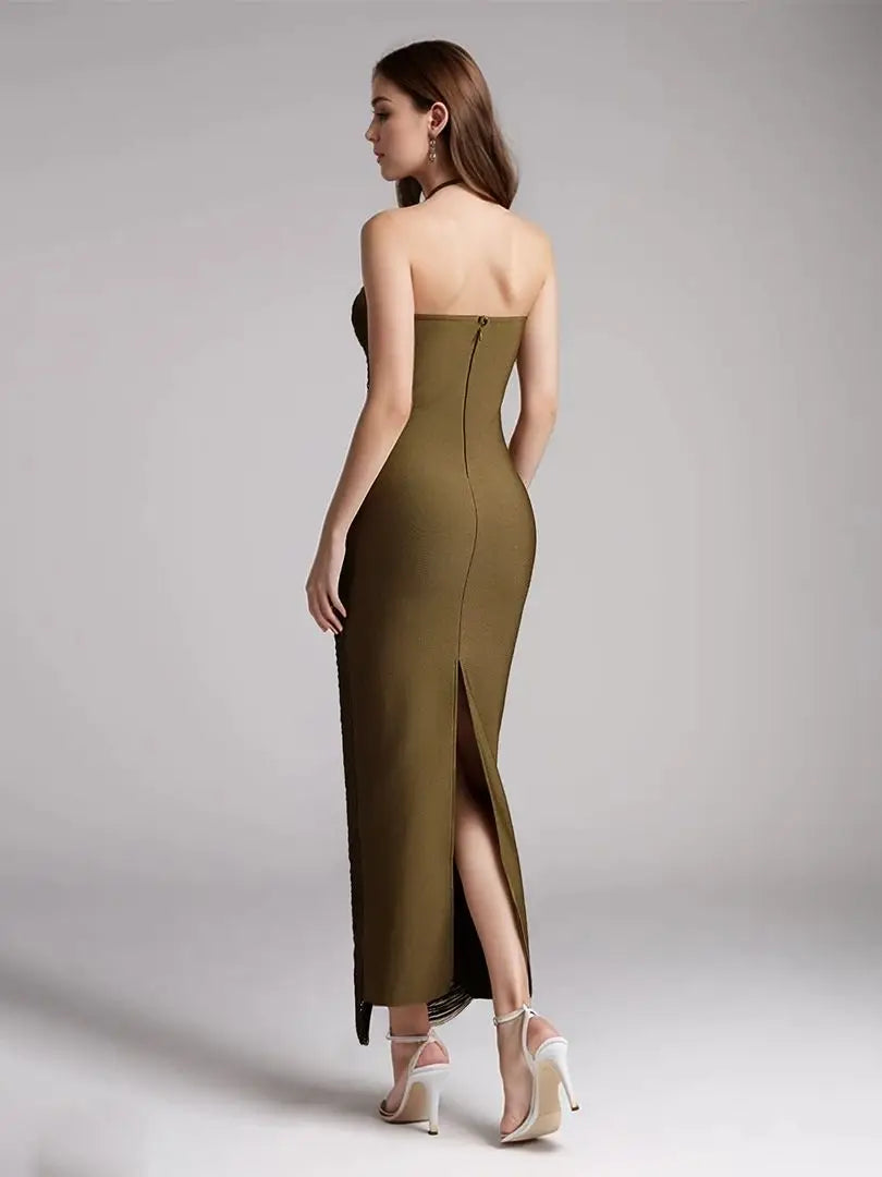 Summer New 2025 Women Sexy Celebrity Backless Halter Tassel Army Green Bandage Dress Ladies Long Evening Bodycon Party Dress