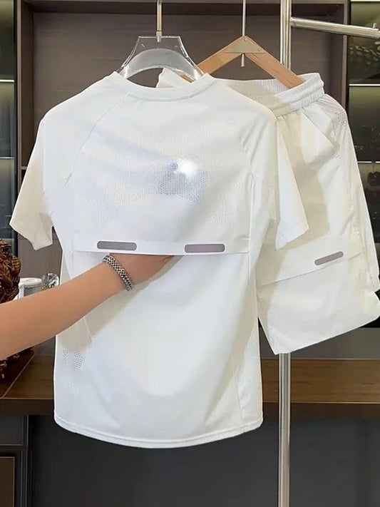 Summer Breathable Splicing Shirt Shorts Two-piece Set Men's High Elastic Loose Quick-drying Sports and Leisure Suit
