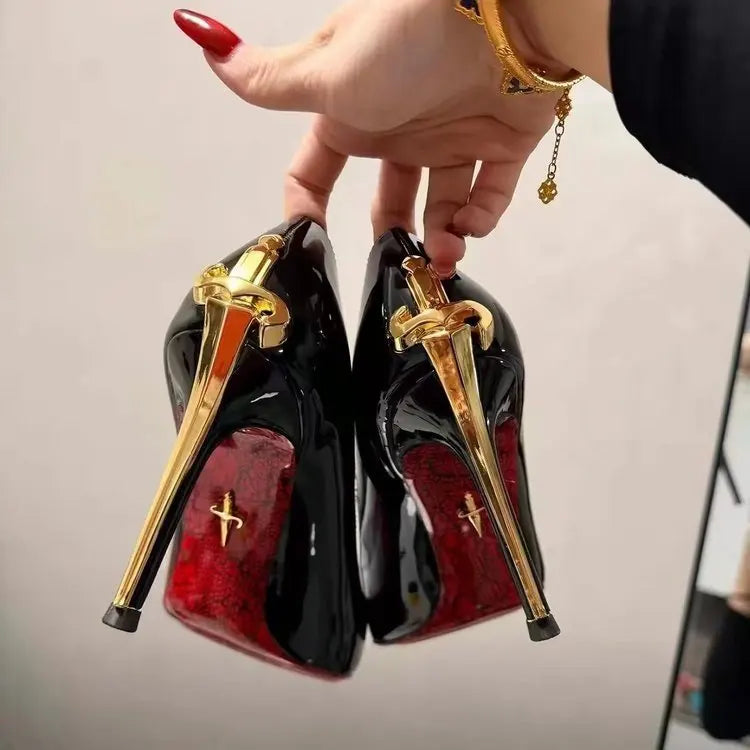 2026 Women's Black Patent Leather Sword-Heel Pointed Pumps | Queen Runway Stiletto Heels