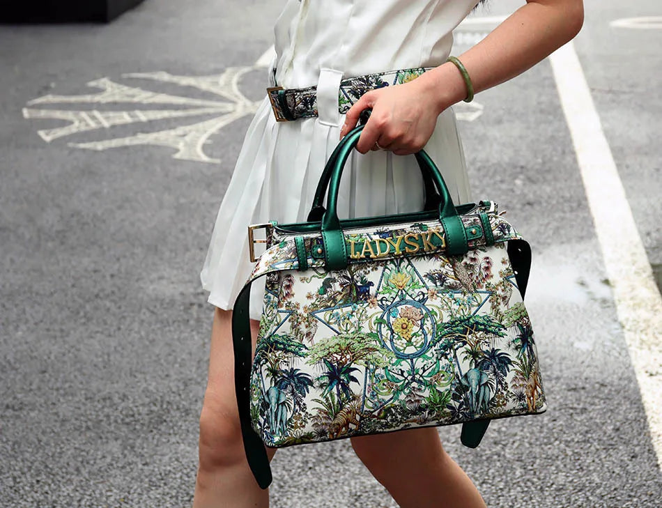 Women's Jungle Pattern Large Capacity Crossbody & Shoulder Bag with Logo Belt