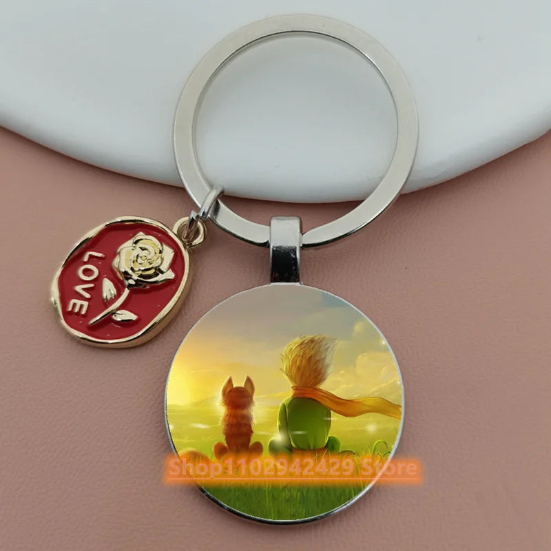 Little Prince Round Glass & Enamel Rose Keychain | DIY Handcrafted Car Keyring & Bag Charm