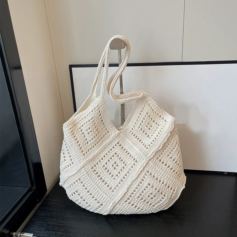 Women's Summer Hand-Woven Yarn Hollow-Out Shoulder Tote Bag