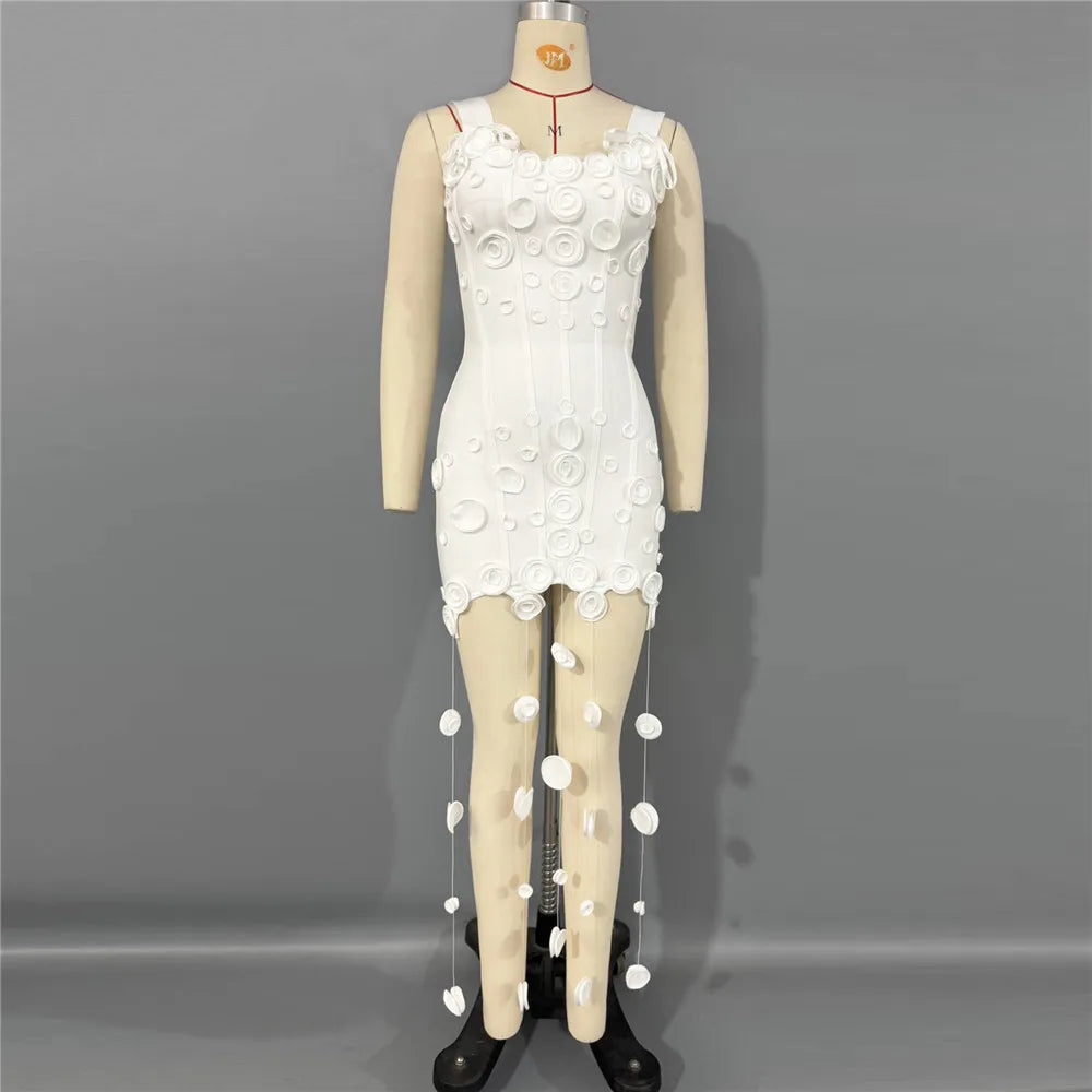 Women's 3D Floral Appliqué & Tassel Bandage Mini Dress