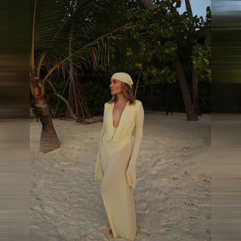 GlamourFit™ Sheer Mesh Deep V-Neck Ruched Maxi Dress