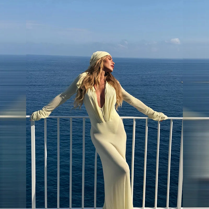 GlamourFit™ Sheer Mesh Deep V-Neck Ruched Maxi Dress