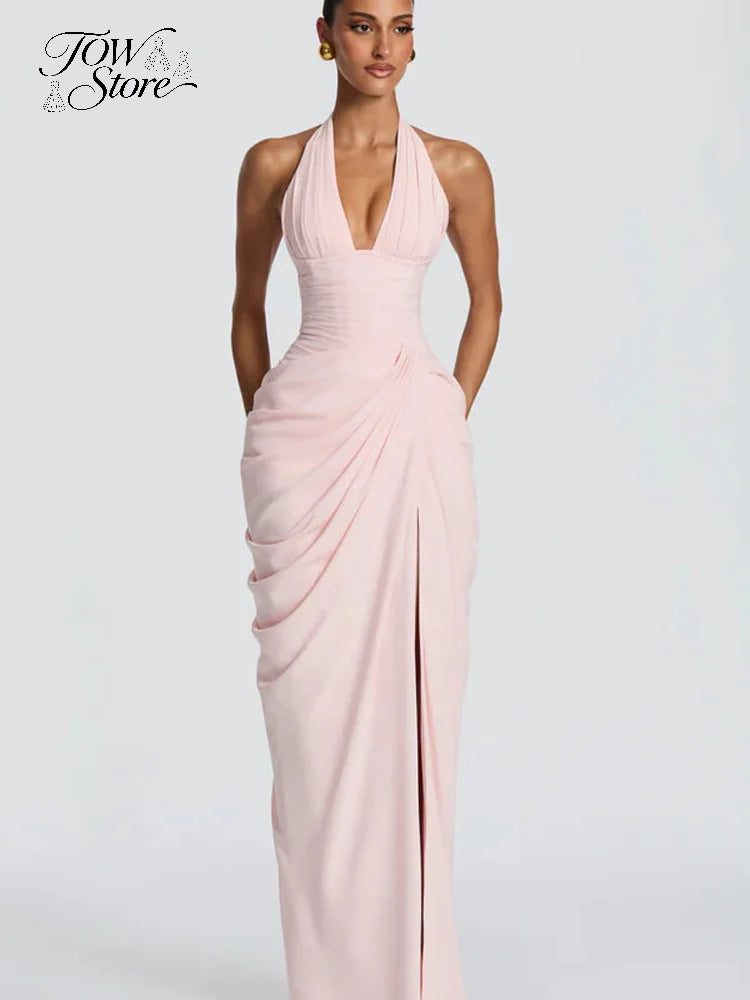 Women's Asymmetrical One-Shoulder Ruched Maxi Dress with Side Slit