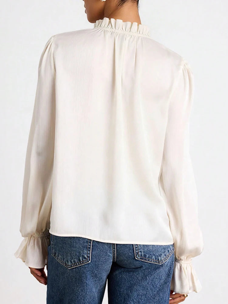 Fall 2026 New Arrival: Elegant Women's Patchwork Lace Long-Sleeve Shirt for Everyday Wear and Lounging at Home