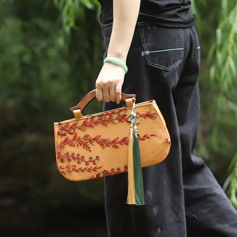 Women's Vintage Embroidered Floral Top-Handle Tote Bag with Fringe & Chain Strap