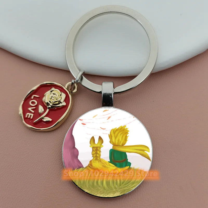Little Prince Round Glass & Enamel Rose Keychain | DIY Handcrafted Car Keyring & Bag Charm