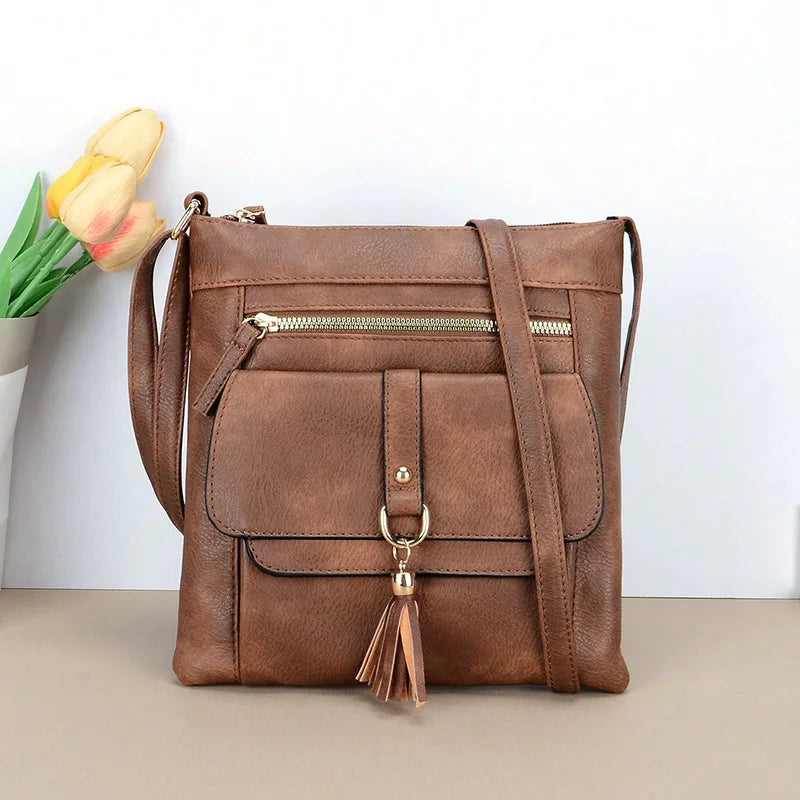 Women's Vintage Square Crossbody Bag with Tassel & Adjustable Strap