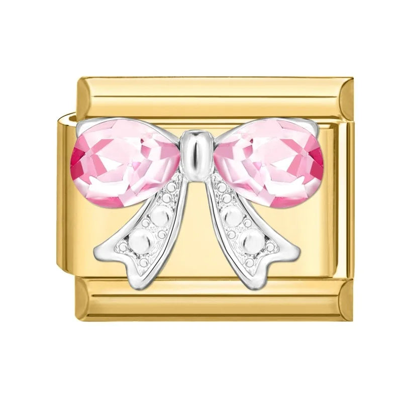 Zircon Heart Bow Butterfly Flowers Gold Color Italian Charm Links Fit 9MM Stainless Steel Bracelet Women Men DIY Making Jewelry