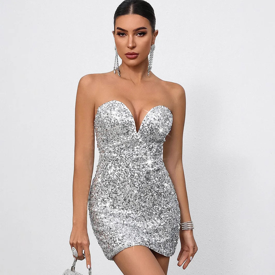 Women's Strapless Backless Sequin Party Mini Dress
