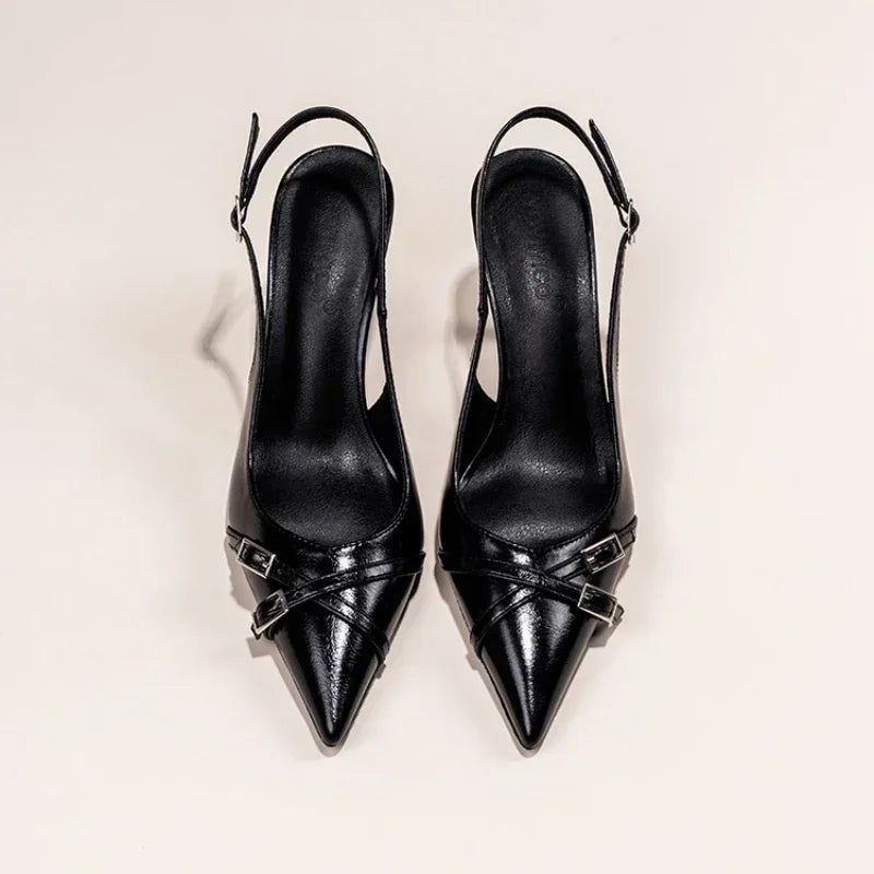 Women's Summer Pointed-Toe Black Stiletto Heels with Decorative Buckle