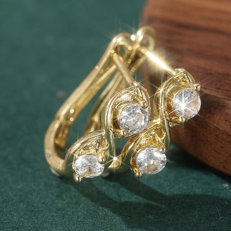 Dazzling Gold Color White CZ Hoops Women's Earrings Metal Hand Carving Geometry Party Daily Wear