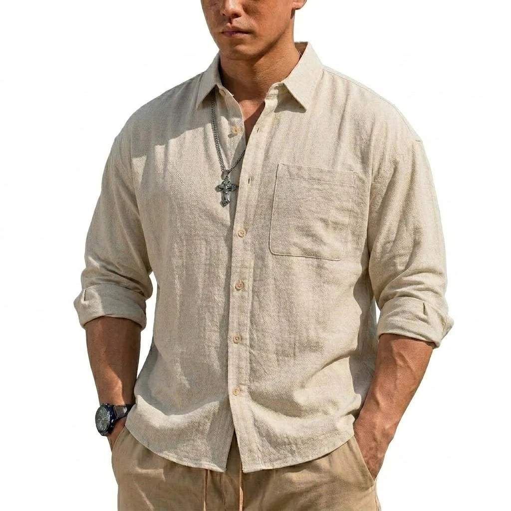 Men's Breathable Cotton-Linen Long Sleeve Button-Down Shirt