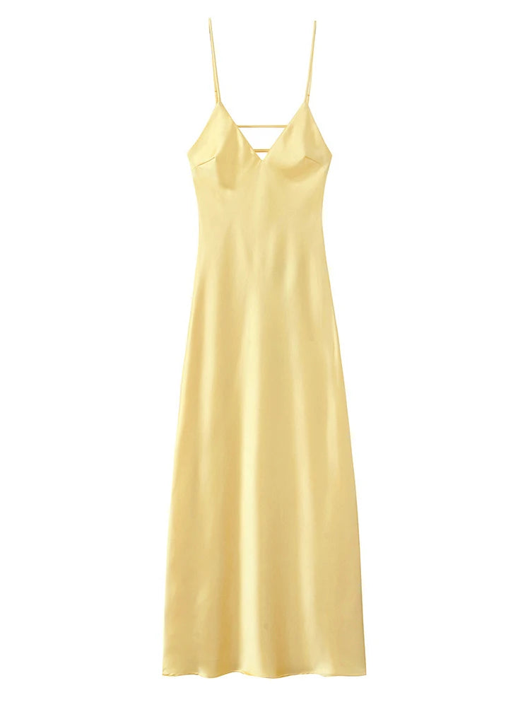 Women's Yellow Satin Bias-Cut Lace Patchwork Backless Midi Dress
