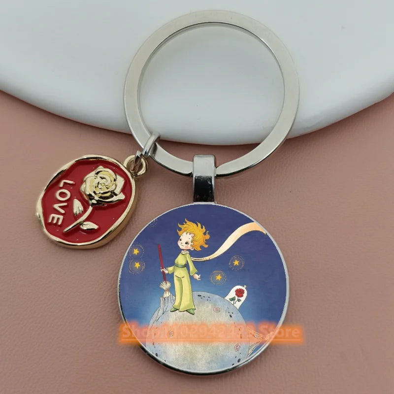Little Prince Round Glass & Enamel Rose Keychain | DIY Handcrafted Car Keyring & Bag Charm