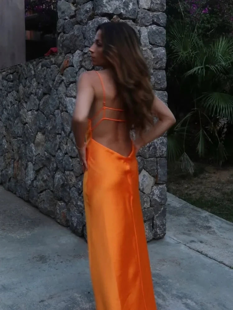 Orange Satin Lace Up Sling Long Dresses Women Fashion V Neck Backless Sleeveless Maxi Robe Summer Female Evening Party Club Gown