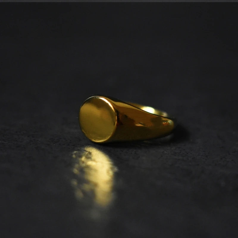 Unisex Gold-Tone Oval Signet Flat Top Stainless Steel Ring