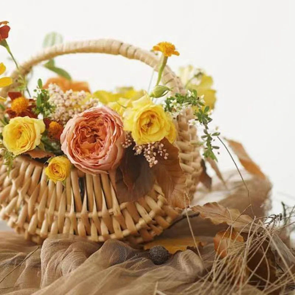Handmade Woven Rattan Flower & Storage Basket with Ribbon Accent