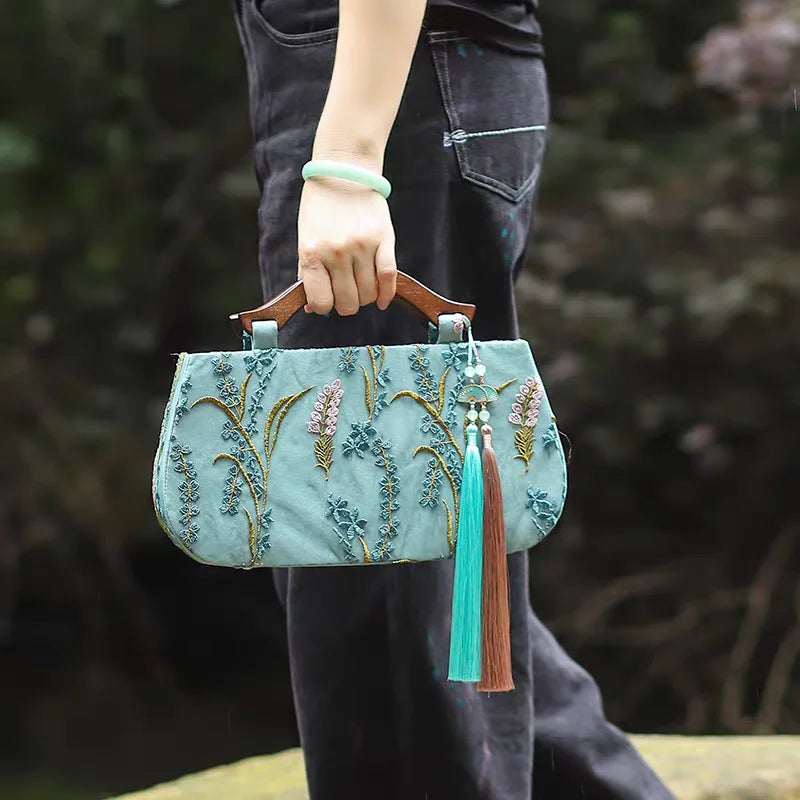 Women's Vintage Embroidered Floral Top-Handle Tote Bag with Fringe & Chain Strap