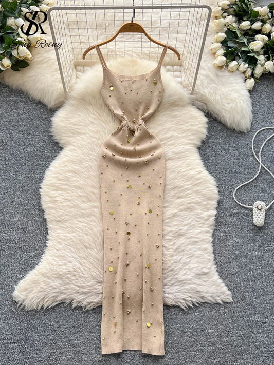 Women's Sparkling Knit Sequin Bodycon Maxi Dress with Waist Sash
