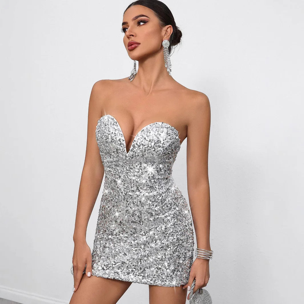 Women's Strapless Backless Sequin Party Mini Dress