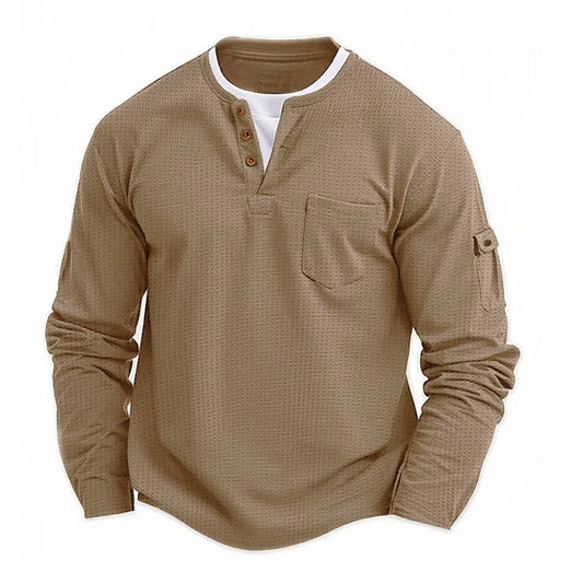 Men's Waffle-Knit Fake Two-Piece Long-Sleeve Henley T-Shirt