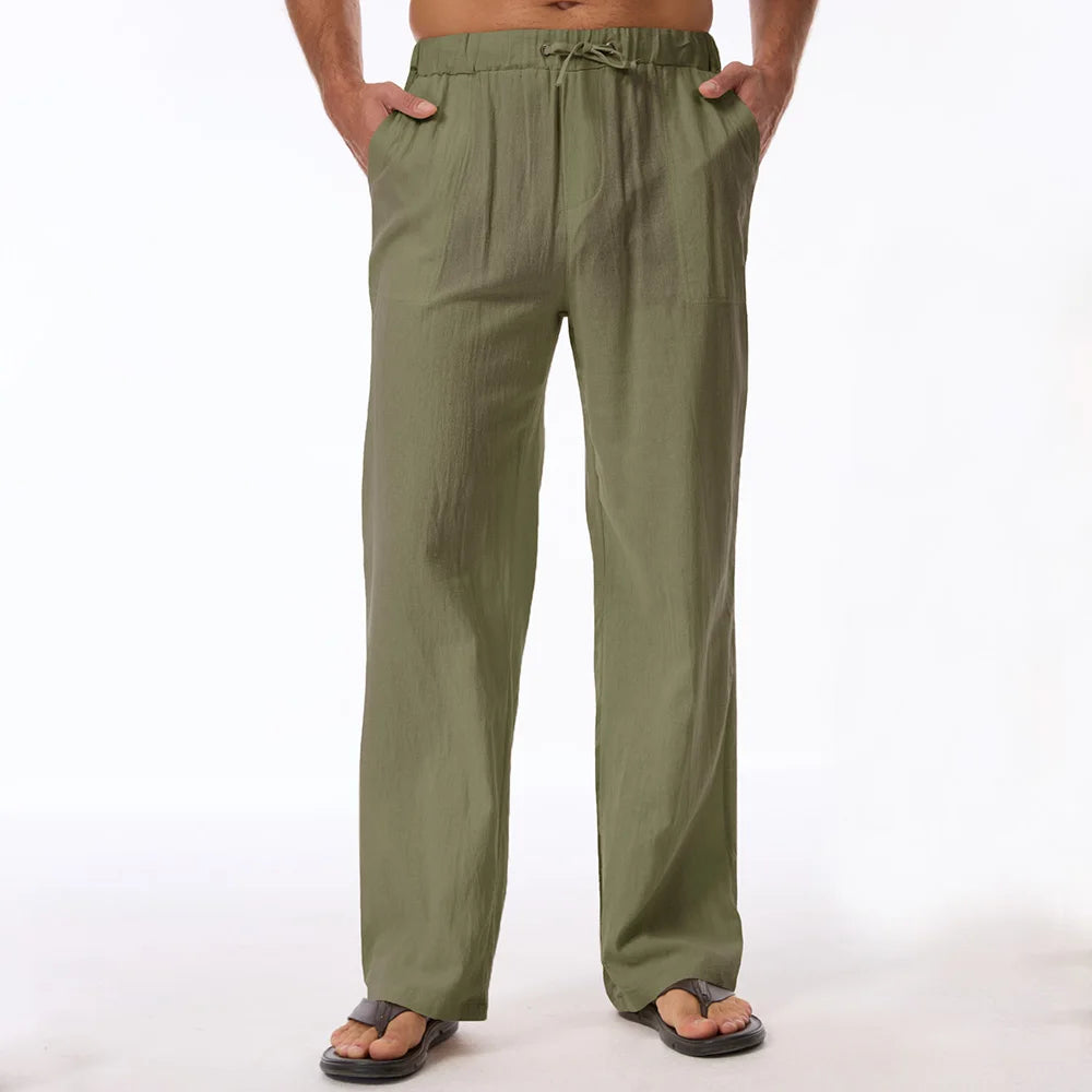 Men's Cotton Linen Elastic Waist Straight-Leg Pants