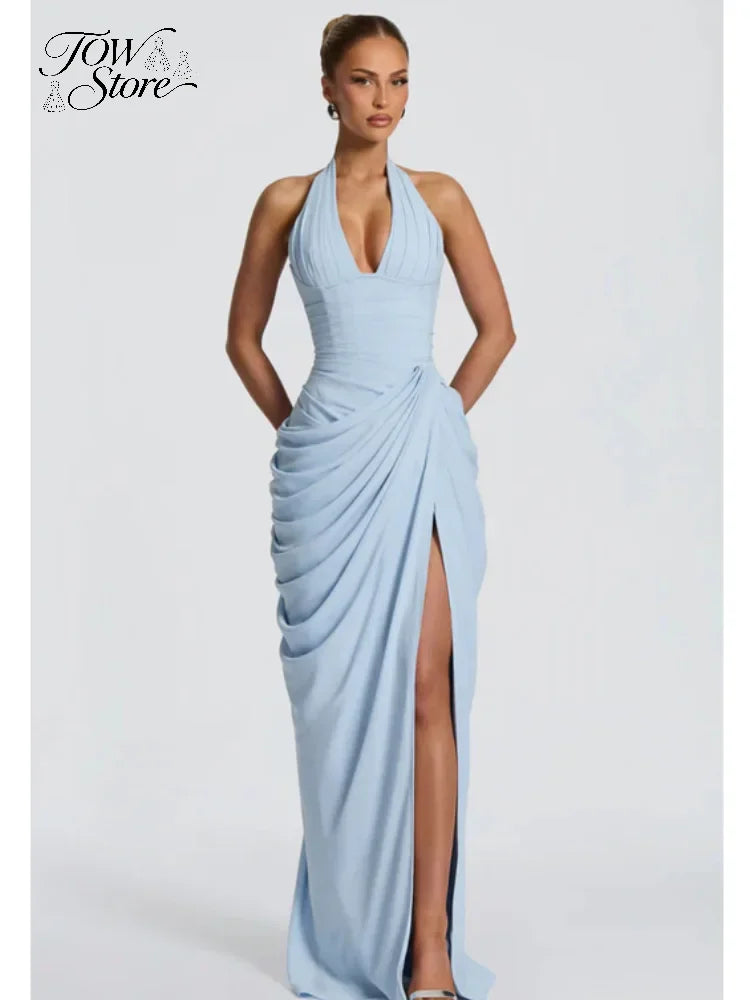 Women's Asymmetrical One-Shoulder Ruched Maxi Dress with Side Slit