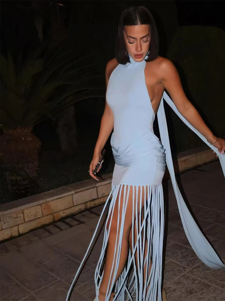 VelourChic™ Velvet Halter Fringe Evening Party Dress & Tassel Gown