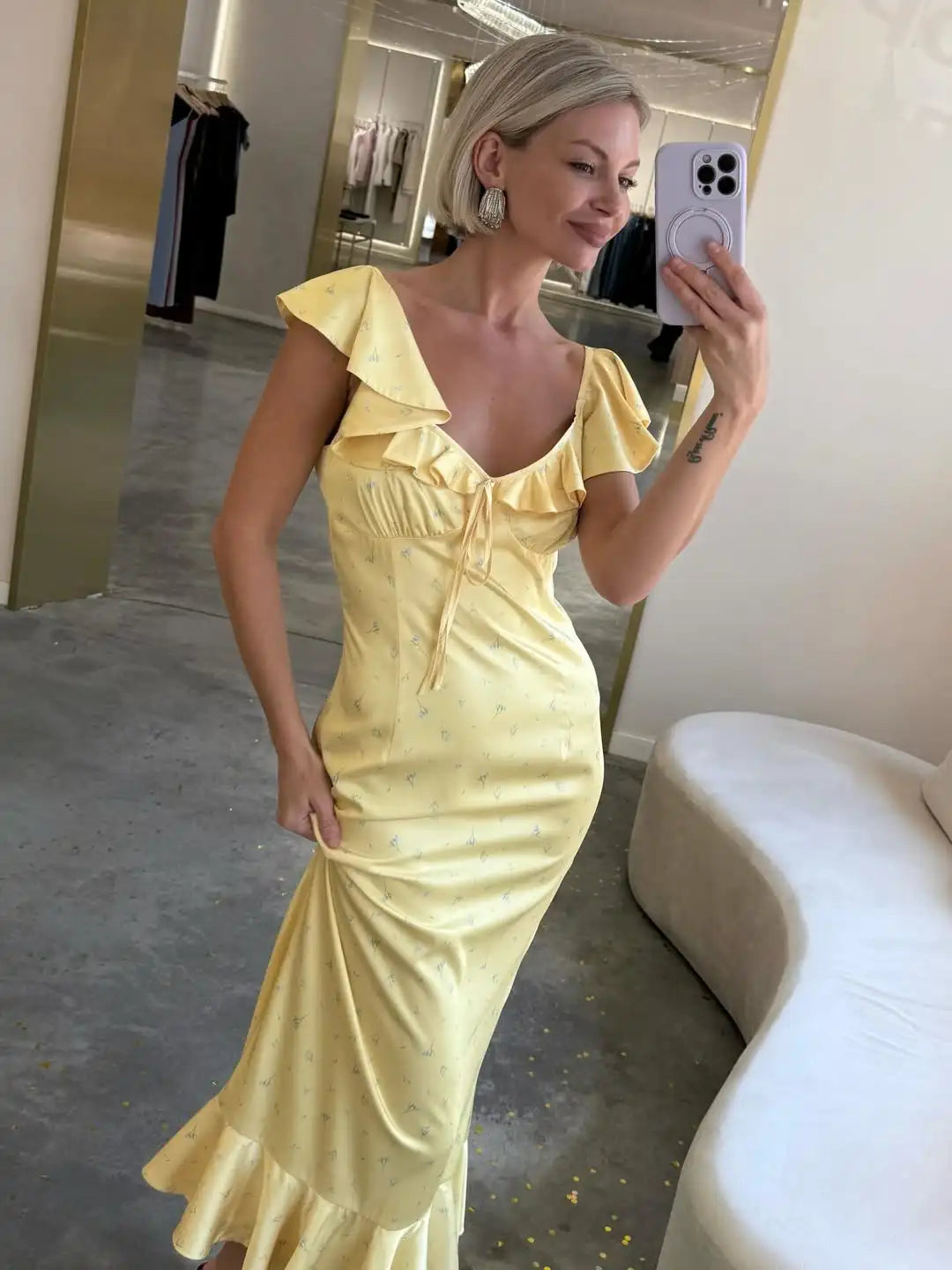 Women's Yellow Satin Bias-Cut Lace Patchwork Backless Midi Dress