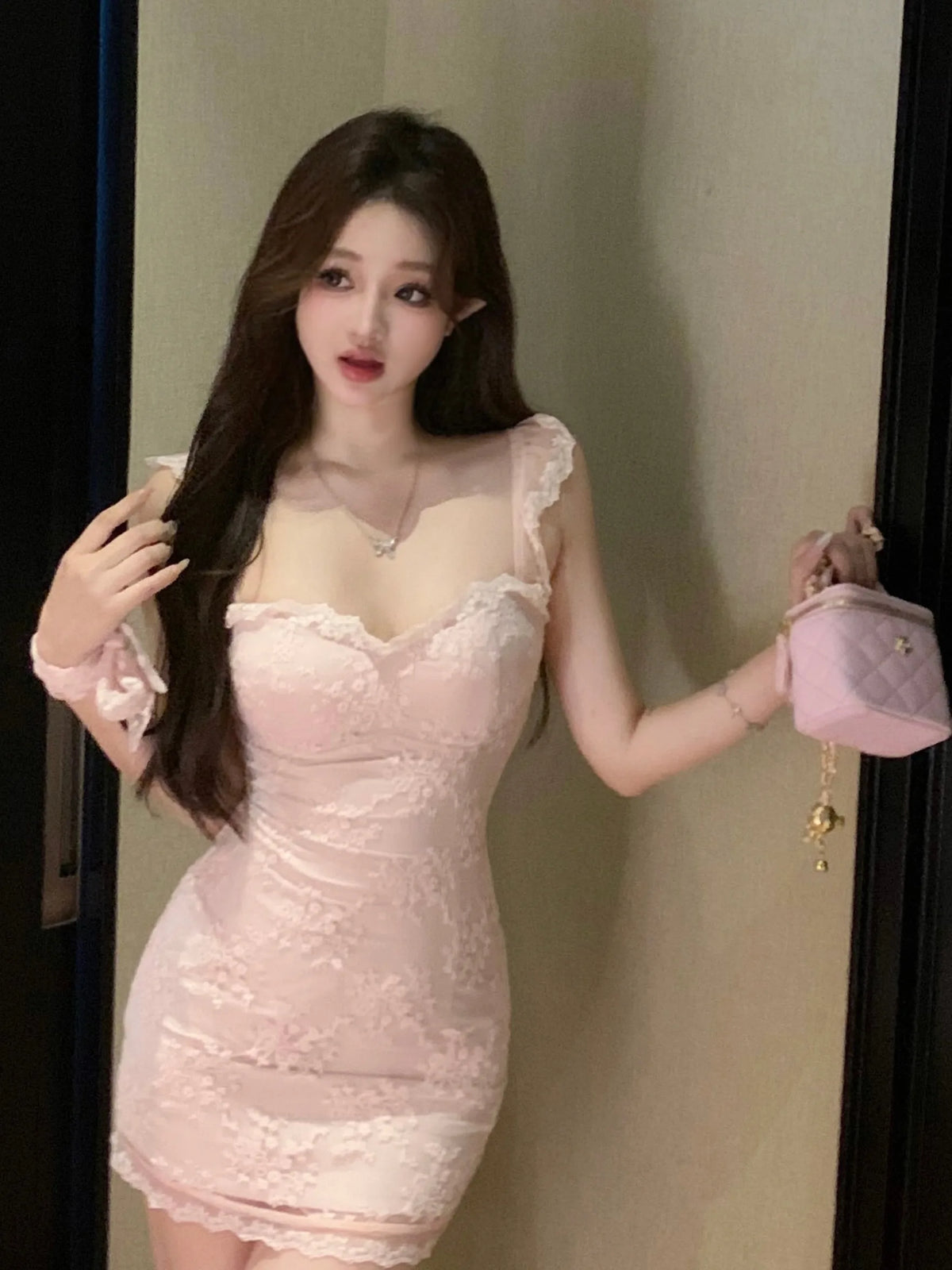 Sexy Lace Splice ort Sve  Dr Pure Desire Bodycon Summer Faion A-Line Skirt Gentle Sle Single Piece 2025 New