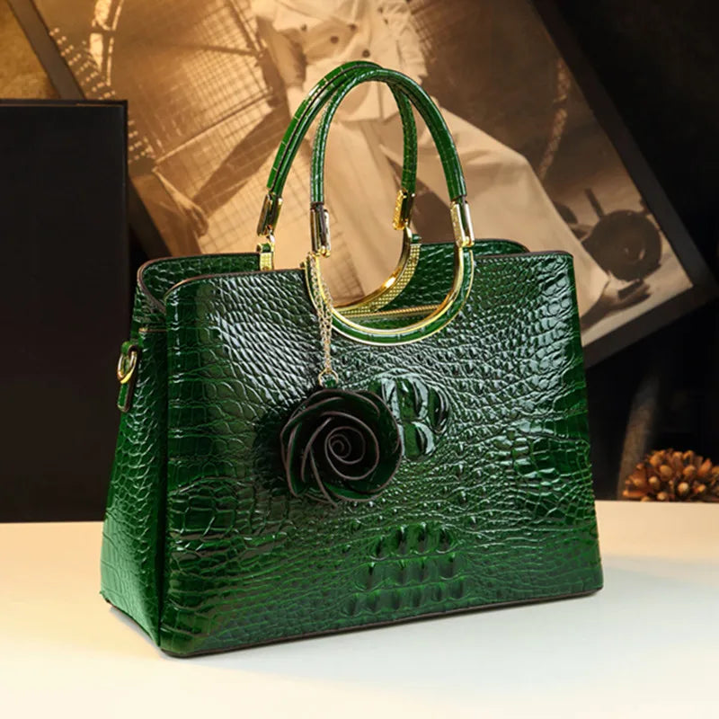 Women's Crocodile Pattern Genuine Leather Top-Handle Handbag with Floral Charm